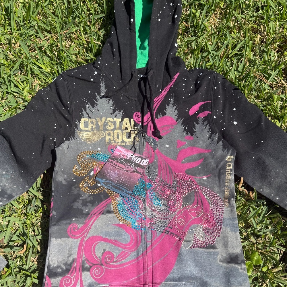 Crystal Rock Christian Audigier Hoodie XS Rhinestone Crown Graphic Zip Up Y2K